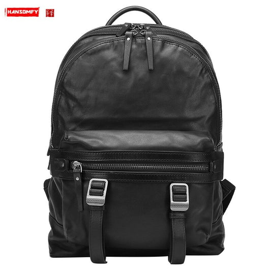 Backpack men's leather soft casual computer backpack cowhide retro tide brand street European and American backpacks travel bags